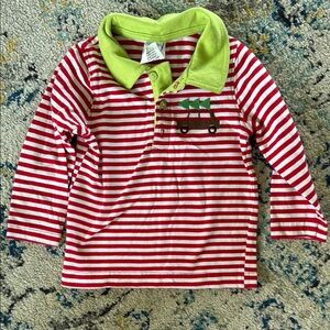 Red and White Striped Polo Shirt with Green Collar